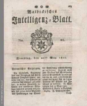 No. 21, Dienstag, den 21ten May 1805