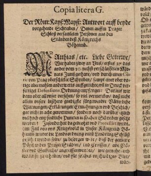 H4v-I1v, Copia litera G. Der Röm. Kays. Mayst. Antwort auff beyde vorgehende Schreiben