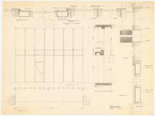 Technische Universität Berlin Hauptgebäude: 3. OG, Bibliothek. Glaswand am Flur: Ansicht, Schnitte, Grundriss 1:20, Schnitte 1:1