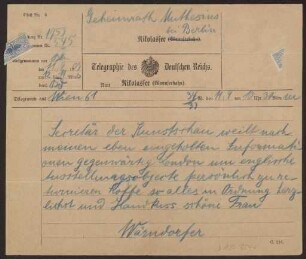 Schreiben an Hermann Muthesius (Telegramm)