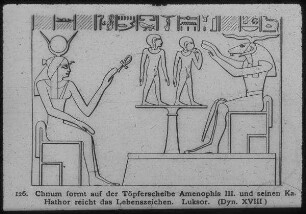 Luksor [Luxor], chnum formt Amenophis III. und seinen Ka. Hathor reicht das Lebenszeichen. XVIII. Dyn.