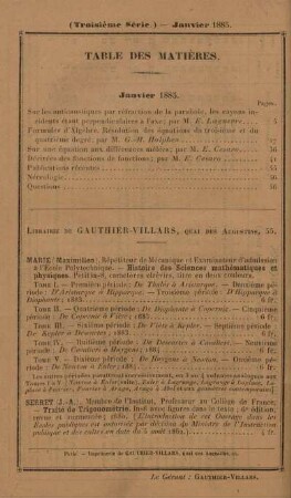 Table des matières. Janvier 1885.
