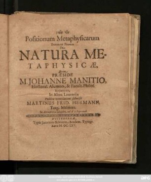 Positionum Metaphysicarum Denarius Primus, De Natura Metaphysicae