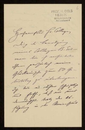 Brief von Hermann Diels an Otto von Gierke, Berlin-Dahlem, 10.1.1921