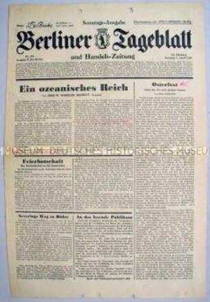 Titelseite des "Berliner Tageblatt" u.a. zur Neuordnung des ehemaligen Mosse-Verlages