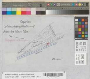 Lageplan des Wirtschaftsgebäudes auf Bahnhof Witten-West [später Wohngebäude, mit 1861 zusammengeheftet], M. 1:1.000 Hgü, Sknr.: 2, Fanr.: 13, Bunr.: 2