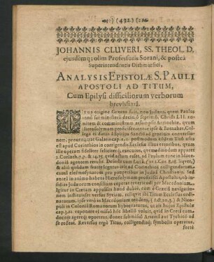 Johannis Cluveri ... Analysis Epistolae S. Pauli Apostoli ad Titum, Cum epilysi difficiliorum verborum brevissima.