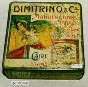 Blechdose für 100 Stück Zigaretten "DIMITRINO UND CO. MANUFACTURE DE TABACS ET CIGARETTES D'ORIENT CAIRE (EGYPTE)"