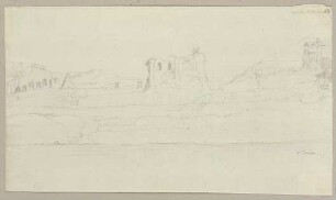 Gemäuer der alten Roma mit der Pyramide des Cestius, dem Monte Cavo und Monte Testaccio