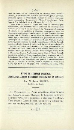 Étude de statique physique. Calcul des actions mutuelles des solides en contact.
