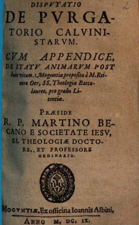 Disputatio de purgatorio Calvinistarum : cum appendice de statu animarum post hanc vitam