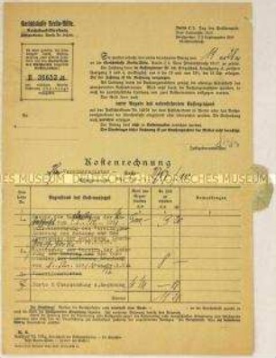 Rechnung der Gerichtskasse Berlin-Mitte an die Künstlervereinigung "Die Zeitgemäßen" (Die Abstrakten) für einen Eintrag in das Vereinsregister Berlin - Sachkonvolut