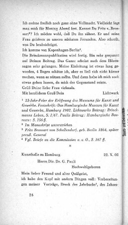 Kunsthalle zu Hamburg 22. X. 02 Herrn Dir. Dr. G. Pauli Hochwohlgeboren