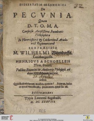 Dissertatio Oeconomica De Pecvnia