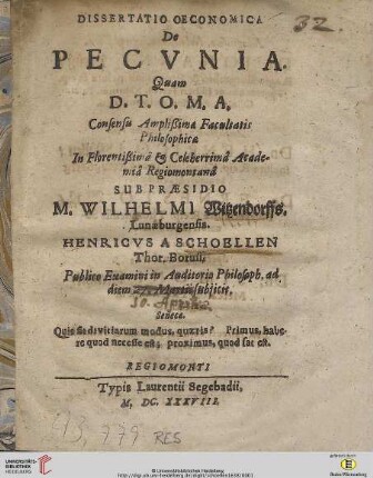 Dissertatio Oeconomica De Pecvnia