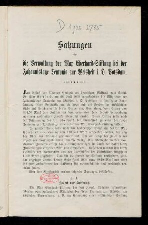 Satzungen für die Verwaltung der Max Eberhard-Stiftung bei der Johannisloge Teutonia zur Weisheit i.O. Potsdam