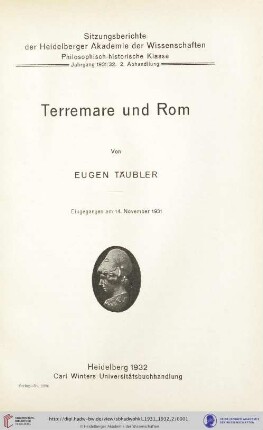 1931/32, 2. Abhandlung: Sitzungsberichte der Heidelberger Akademie der Wissenschaften, Philosophisch-Historische Klasse: Terremare und Rom