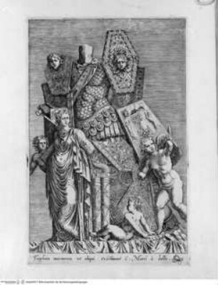 Antiquarum statuarum urbis Romae, quae in publicis privatisque locis visuntur, icones. Romae. Ex typis Laurentii Vaccarii... MDLXXXIIII., Tafel [3]: Trophoea marmorea ut aliqui ... (nach der Antike)