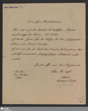 Nr.1: an Raab, Kurt von, 18.12.1840
