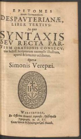Epitomes novae Grammatices Despauterianae Liber Tertius: