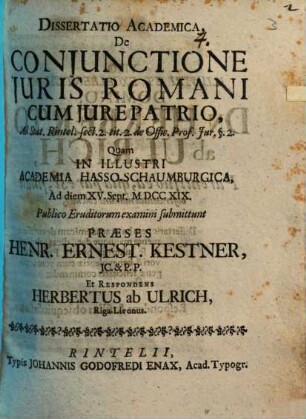 Diss. acad. de coniunctione iuris romani cum iure patrio
