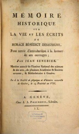 Mémoire historique sur la vie et les écrits de Horace Bénéd. De Saussure