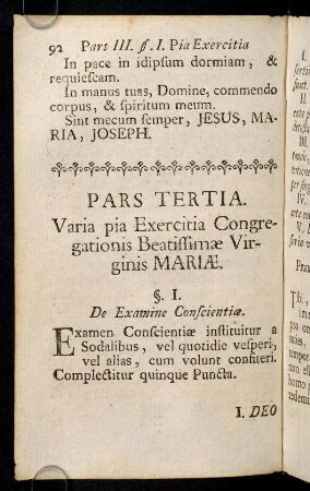 92-236, Pars Tertia. Varia pia Exercitia Congregationis Beatissimae Virginis Mariae.