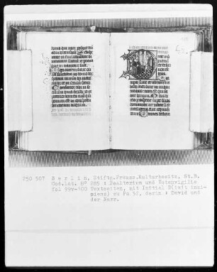 Psalterium und Totenvigilie mit Kalendar — Initiale D (ixit insipiens), darin David und der Narr, Folio 100recto