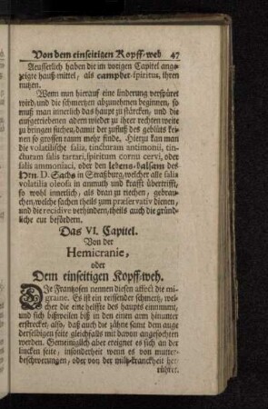 Das VI. Capitel. Von der Hemicranie, oder Dem einseiten Kopff-weh.