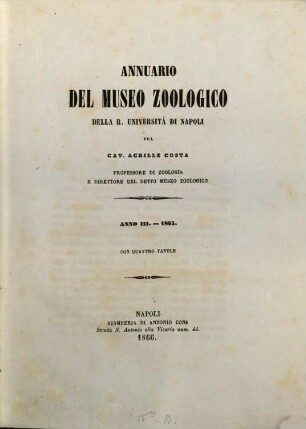 Annuario del Museo Zoologico della Università di Napoli, 3. 1863 (1866)