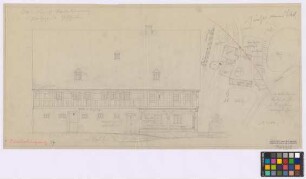 Niederlungwitz ([Amtshauptmannschaft] Glauchau): Kleindienst. - Wohnhaus (Seiten-Ansicht). - Lageplan mit Wohnhaus, Perdestall, Scheune, Kuhstall, alter Speicher, Durchfahrtsgebäude, Misthaufen