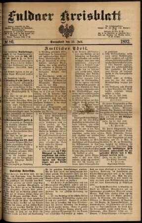Erste Ausgabe vom Samstag, den 23. Juli 1892.