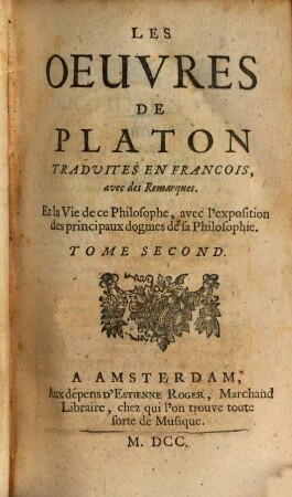 Les oeuvres de Platon. 2. (1700)