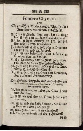 Pondera Chymica oder Chymische/ Medicinische/ Apothecker-Gewichter/ Mensuren/ und Maaß.