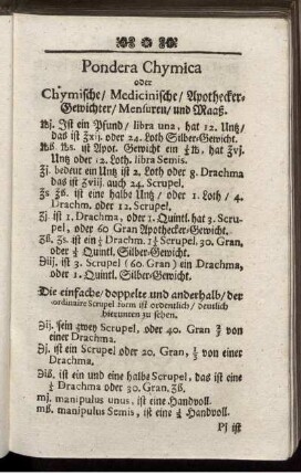 Pondera Chymica oder Chymische/ Medicinische/ Apothecker-Gewichter/ Mensuren/ und Maaß.