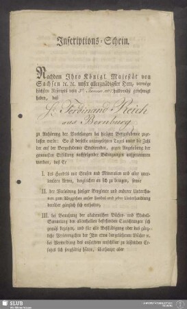 3: Inscriptions-Schein Ferdinand Reichs "Zur Anhörung der Vorlesungen bei hiesiger Bergakademie"
