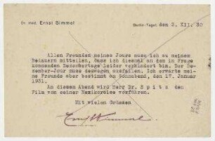 Postkarte von Ernst Simmel an Hannah Höch. Berlin