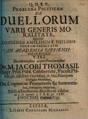 Problema politicum de duellorum varii generis moralitate