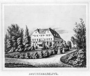 Deutschbaselitz, Buchdruck; 254 x 362 mm (Blattgröße). Aus: Poenicke, G. A., Heise, F. : Album der Rittergüterund Schlösser im Königreich Sachsen, III. Section, Markgrafenthum Oberlausitz. Leipzig: Expedition des Albums Sächsischer Rittergüter und Schlösser, ca. 1859. Dresden: SLUB Hist.Sax.H.3.m-3