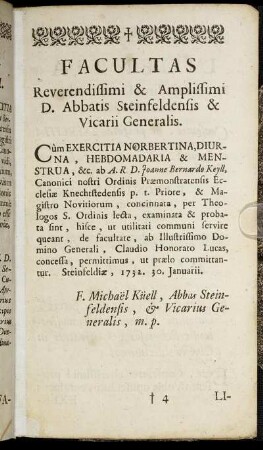 Facultas Reverendissimi & Ampliddimi D. Abbatis Steinfeldensis & Vicarii Generalis.