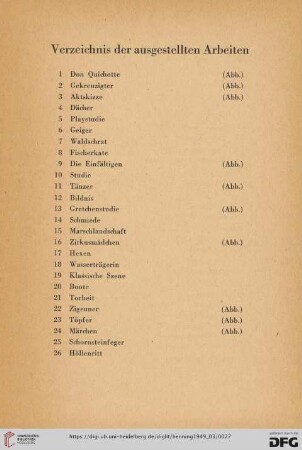 Verzeichnis der ausgestellten Arbeiten (Nr. 1-70)
