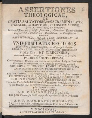Assertationes Theologicae, De Gratia Salvatoris, De Sacramentis Item In Genere, Ac Baptismo, Et Confirmatione