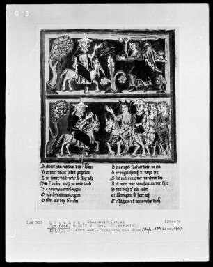 Rudolf von Ems, Weltchronik — Buchseite mit zwei Miniaturen, Folio 85recto