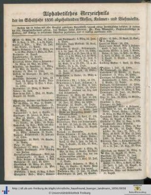 Alphabetisches Verzeichnis der im Schaltjahr 1856 abzuhaltenden Messen, Krämer- und Viehmärkte.