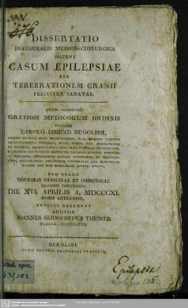 Dissertatio Inauguralis Medico-Chirurgica Sistens Casum Epilepsiae Per Terebrationem Cranii Feliciter Sanatae