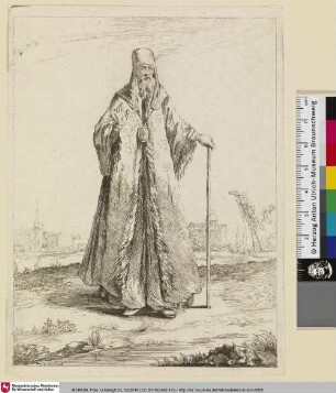 [Geistlicher mit Kreuzkette in Landschaft mit Kirchen]