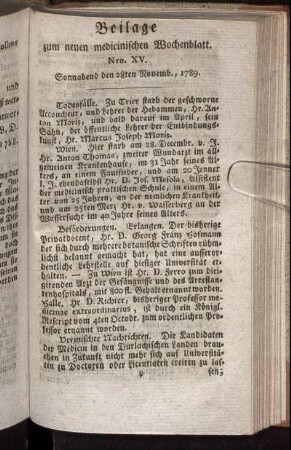 Beilage zum neuen medicinischen Wochenblatt. Nro. XV. Sonnabend den 28ten Novemb., 1789.