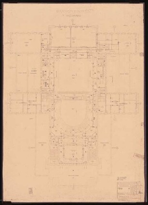 Wiener Staatsoper Wiederaufbau: Grundriss Bühnenhaus 5. Obergeschoss, Zuschauerraum Galerie 1:200