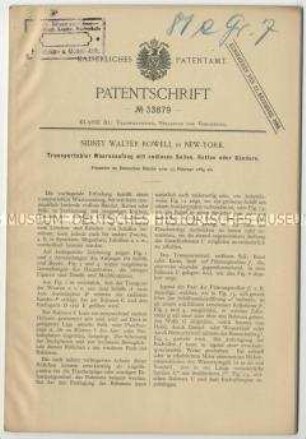 Patentschrift eines transportablen Warenaufzuges mit endlosen Seilen, Patent-Nr. 33879