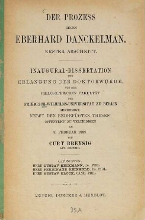 Der Prozeß gegen Eberhard Danckelman : erster Abschnitt